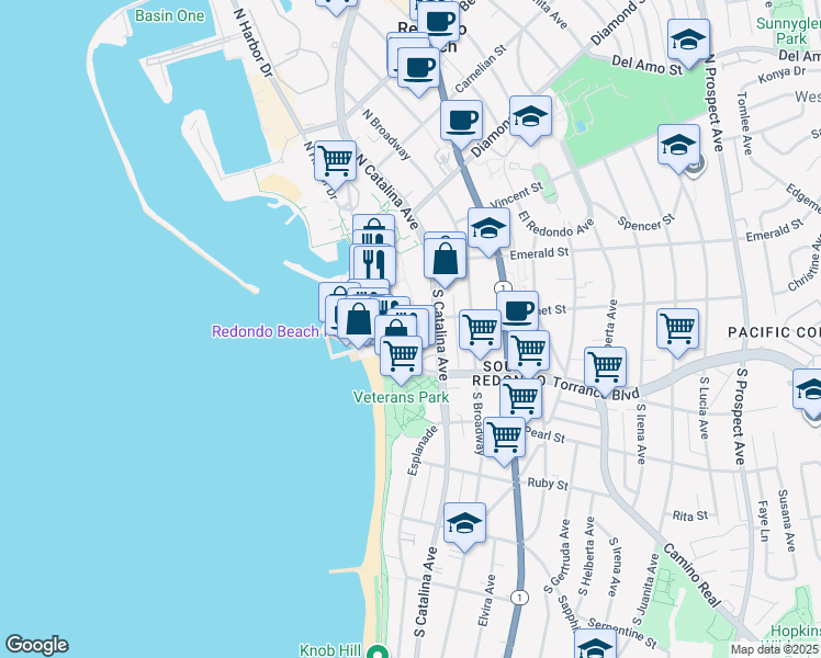 map of restaurants, bars, coffee shops, grocery stores, and more near in Redondo Beach