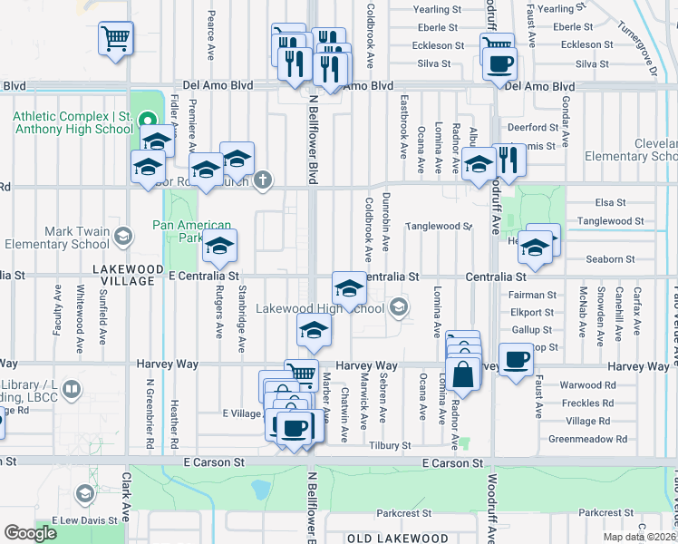 map of restaurants, bars, coffee shops, grocery stores, and more near 4502 Adenmoor Avenue in Lakewood