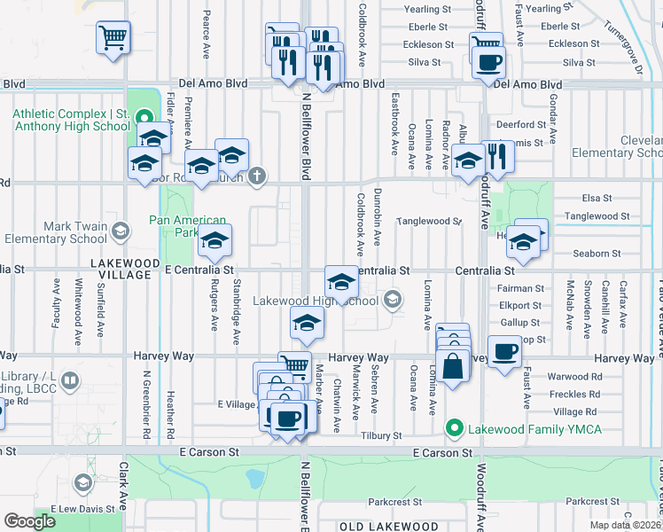 map of restaurants, bars, coffee shops, grocery stores, and more near 4502 Adenmoor Avenue in Lakewood
