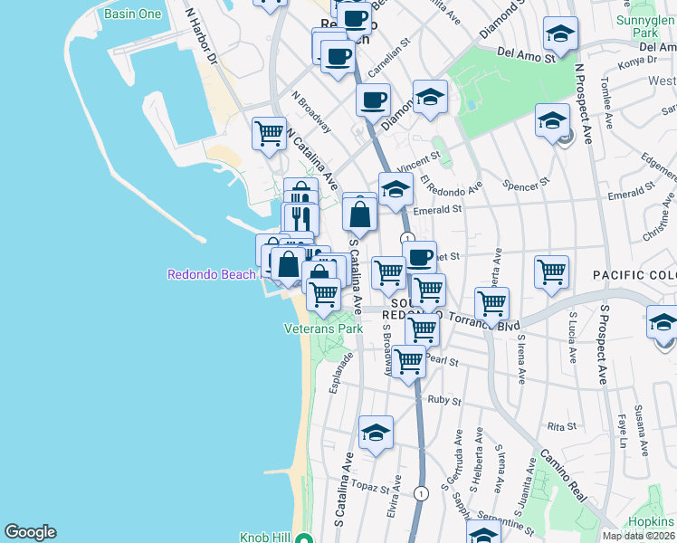 map of restaurants, bars, coffee shops, grocery stores, and more near 640 The Village in Redondo Beach
