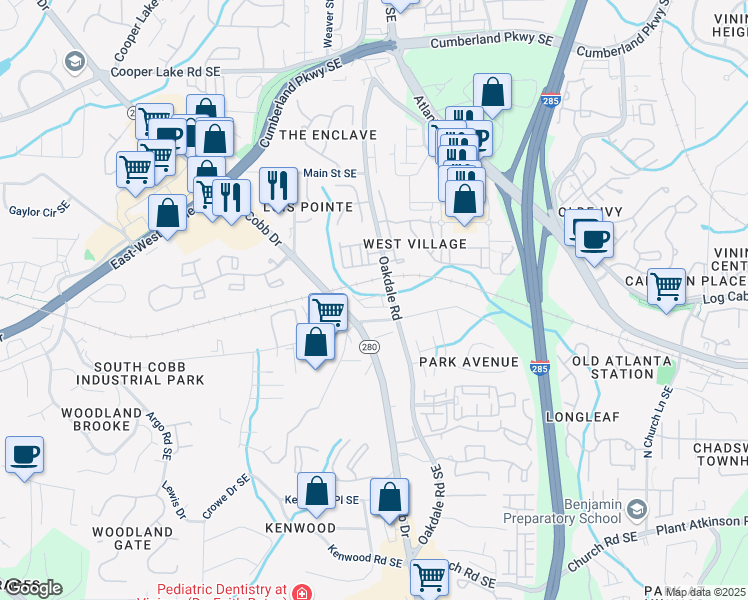 map of restaurants, bars, coffee shops, grocery stores, and more near 1984 Silver Birch Drive in Smyrna
