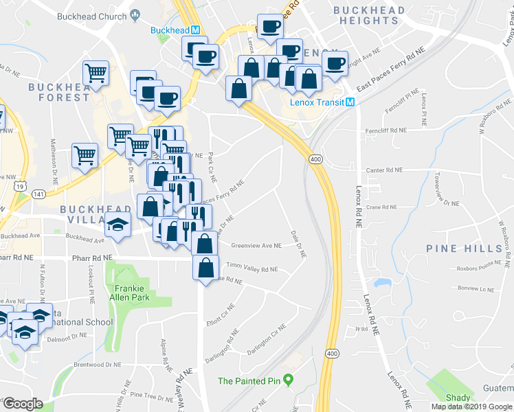 map of restaurants, bars, coffee shops, grocery stores, and more near 3115 Peachtree Drive Northeast in Atlanta