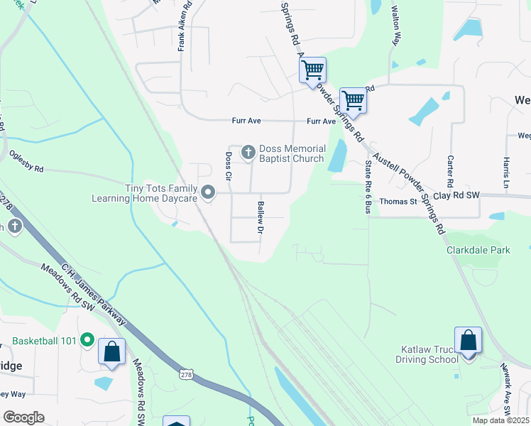 map of restaurants, bars, coffee shops, grocery stores, and more near 4699 Ballew Drive in Powder Springs