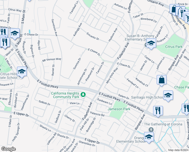 map of restaurants, bars, coffee shops, grocery stores, and more near 928 Trovita Drive in Corona