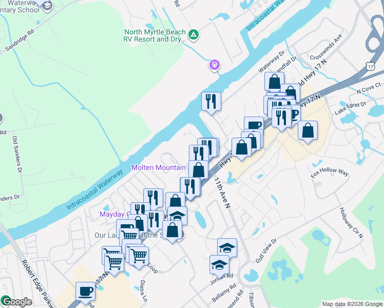 map of restaurants, bars, coffee shops, grocery stores, and more near 1105 Salt Windy Way in North Myrtle Beach