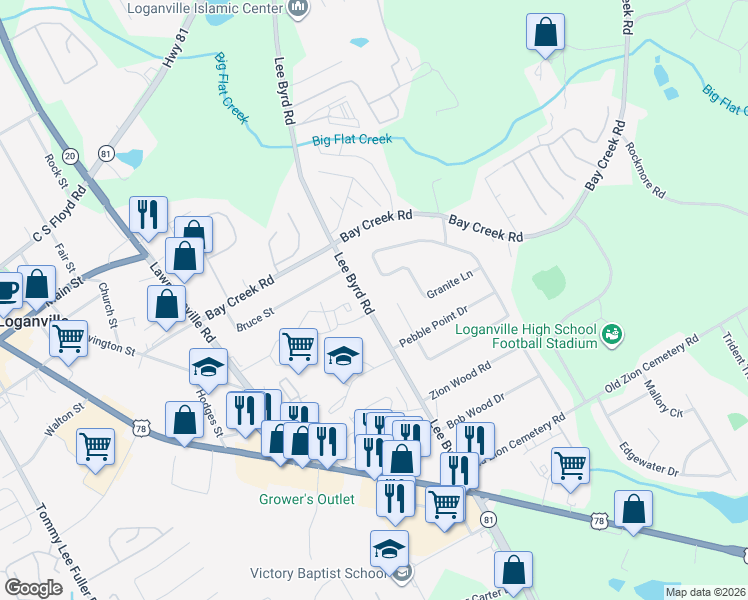 map of restaurants, bars, coffee shops, grocery stores, and more near 511 Lee Byrd Road in Loganville