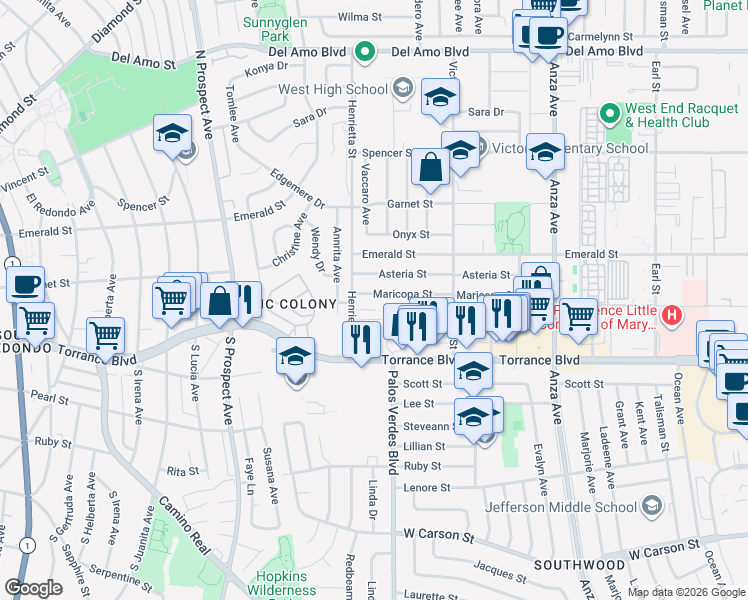 map of restaurants, bars, coffee shops, grocery stores, and more near 5306 Maricopa Street in Torrance