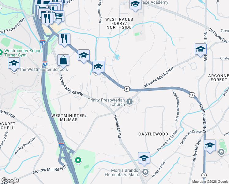 map of restaurants, bars, coffee shops, grocery stores, and more near 3100 Northside Parkway Northwest in Atlanta