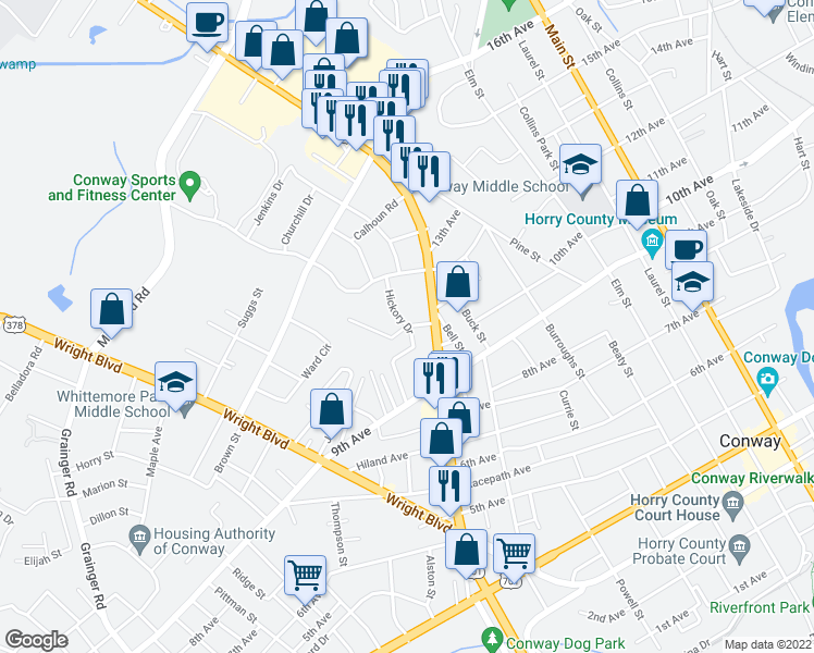 map of restaurants, bars, coffee shops, grocery stores, and more near 1528 Tinkertown Avenue in Conway