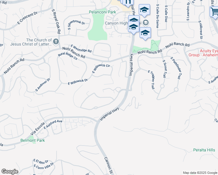 map of restaurants, bars, coffee shops, grocery stores, and more near 5598 East Stetson Court in Anaheim