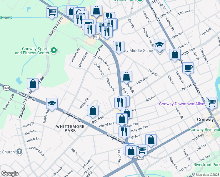 map of restaurants, bars, coffee shops, grocery stores, and more near 1511 Tinkertown Avenue in Conway