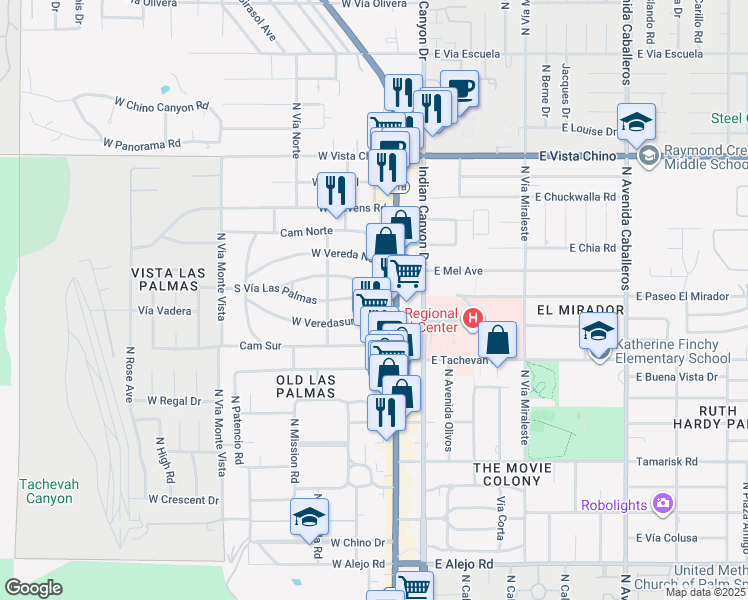 map of restaurants, bars, coffee shops, grocery stores, and more near 1201 North Palm Canyon Drive in Palm Springs