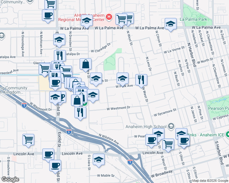 map of restaurants, bars, coffee shops, grocery stores, and more near 1419 West Janeen Way in Anaheim