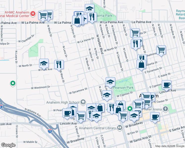 map of restaurants, bars, coffee shops, grocery stores, and more near 639 North Pine Way in Anaheim