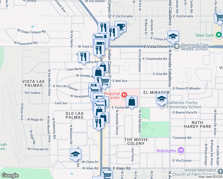 map of restaurants, bars, coffee shops, grocery stores, and more near 1234 North Indian Canyon Drive in Palm Springs