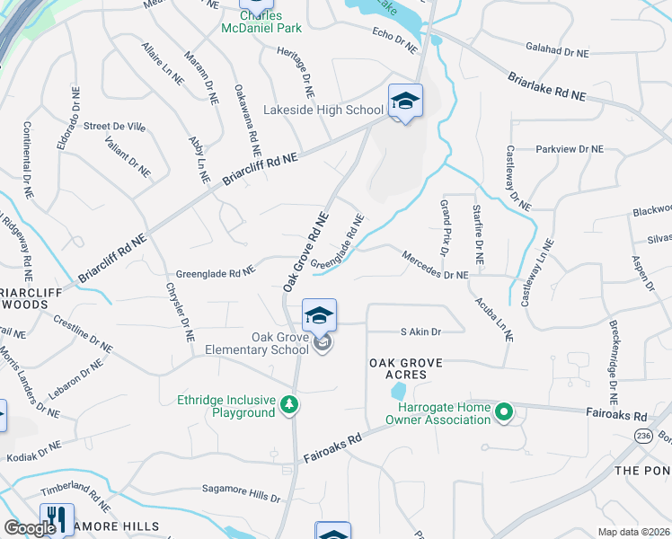 map of restaurants, bars, coffee shops, grocery stores, and more near 2483 Greenglade Road Northeast in Atlanta