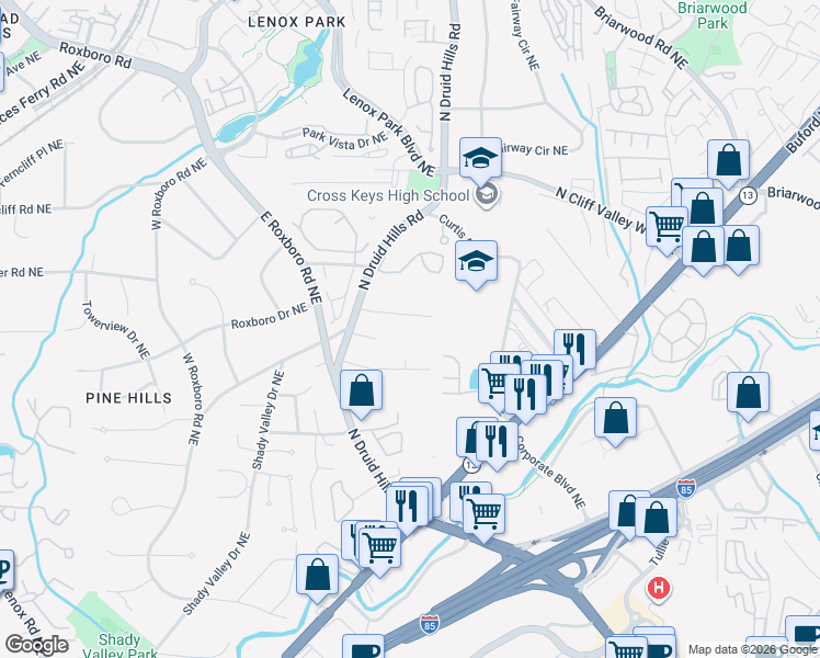 map of restaurants, bars, coffee shops, grocery stores, and more near 1183 Gail Drive Northeast in Atlanta