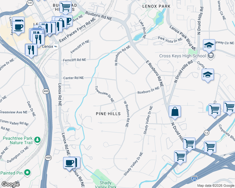 map of restaurants, bars, coffee shops, grocery stores, and more near 3131 Merrick Drive Northeast in Atlanta