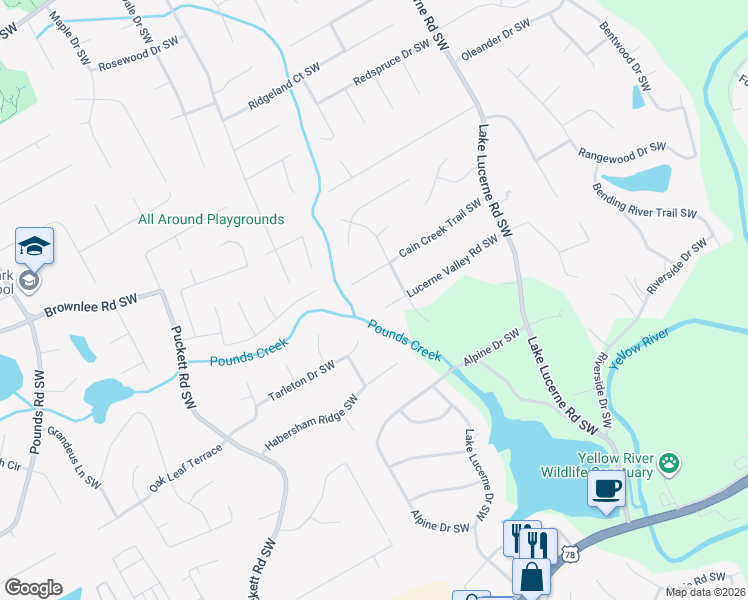map of restaurants, bars, coffee shops, grocery stores, and more near 4681 Lucerne Valley Road Southwest in Lilburn