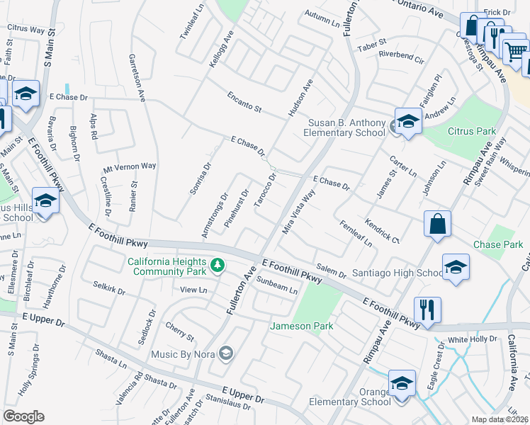 map of restaurants, bars, coffee shops, grocery stores, and more near 963 Trovita Drive in Corona