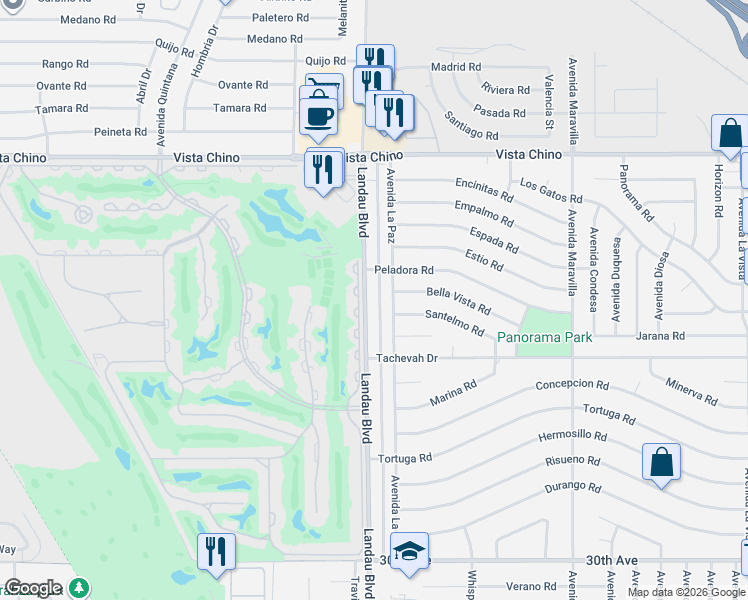 map of restaurants, bars, coffee shops, grocery stores, and more near 28585 Avenida La Paz in Cathedral City