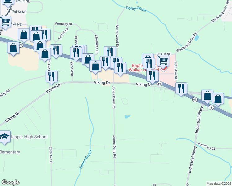 map of restaurants, bars, coffee shops, grocery stores, and more near 1450 Jones Dairy Road in Jasper