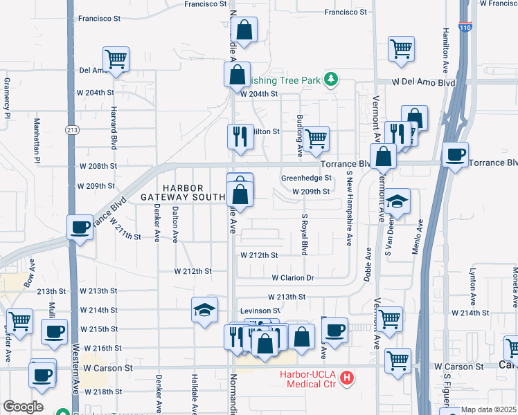map of restaurants, bars, coffee shops, grocery stores, and more near 20910 Normandie Avenue in Torrance