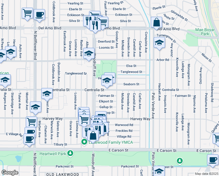 map of restaurants, bars, coffee shops, grocery stores, and more near 6011 Centralia Street in Lakewood