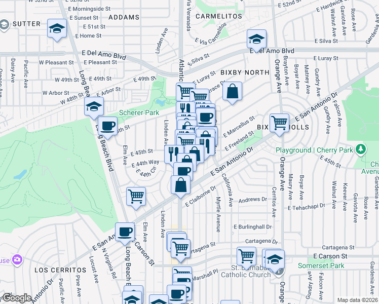 map of restaurants, bars, coffee shops, grocery stores, and more near 4494 North Atlantic Place in Long Beach