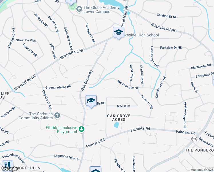map of restaurants, bars, coffee shops, grocery stores, and more near 1892 Mercedes Court Northeast in Atlanta