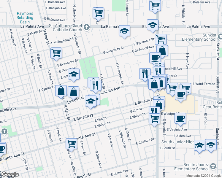 map of restaurants, bars, coffee shops, grocery stores, and more near 1567 East Lincoln Avenue in Anaheim