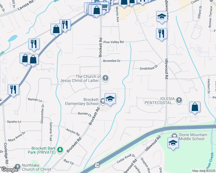 map of restaurants, bars, coffee shops, grocery stores, and more near 1931 Brockett Road in Tucker