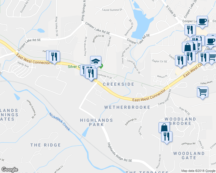 map of restaurants, bars, coffee shops, grocery stores, and more near 1294 Creekside Terrace Southeast in Smyrna