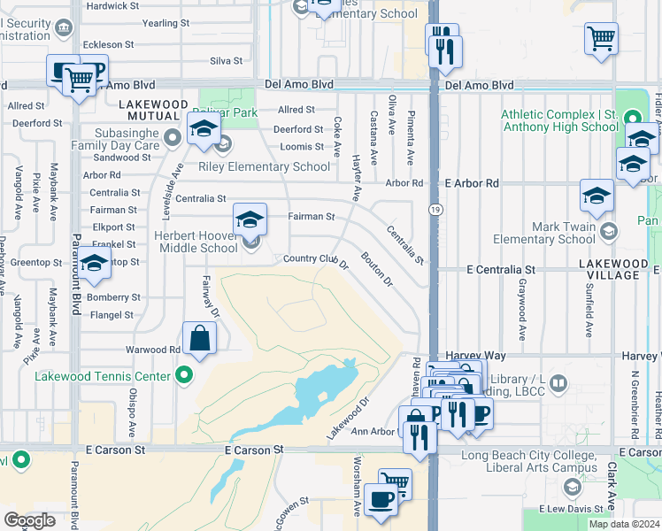map of restaurants, bars, coffee shops, grocery stores, and more near 3902 Country Club Drive in Lakewood