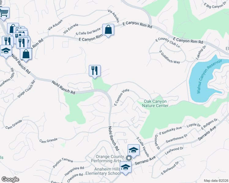 map of restaurants, bars, coffee shops, grocery stores, and more near 720 Paseo Cumbre in Anaheim