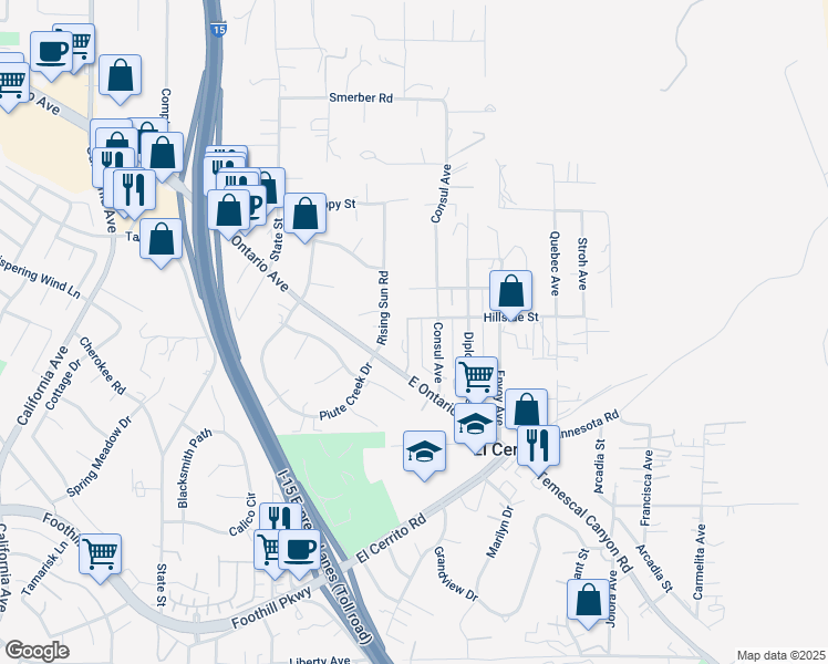 map of restaurants, bars, coffee shops, grocery stores, and more near 19270 Ambassador Avenue in Corona