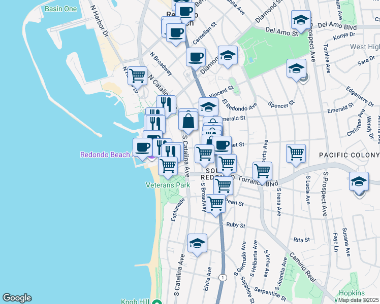 map of restaurants, bars, coffee shops, grocery stores, and more near 200 South Catalina Avenue in Redondo Beach