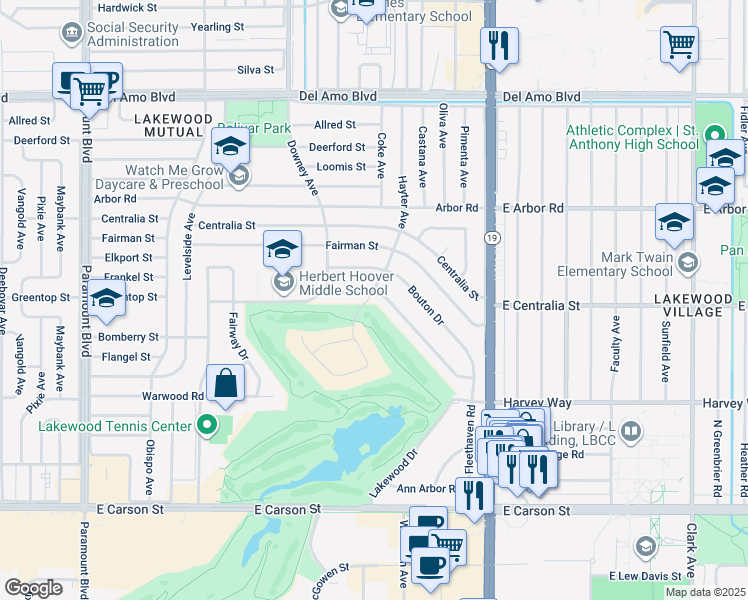 map of restaurants, bars, coffee shops, grocery stores, and more near 3902 Country Club Drive in Lakewood