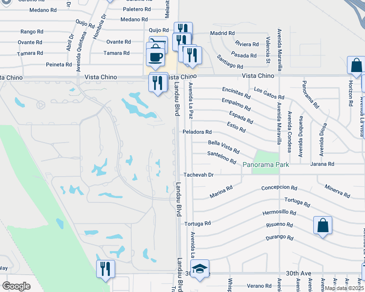 map of restaurants, bars, coffee shops, grocery stores, and more near 28585 Avenida La Paz in Cathedral City