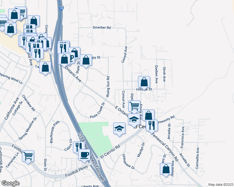 map of restaurants, bars, coffee shops, grocery stores, and more near 19270 Ambassador Avenue in Corona