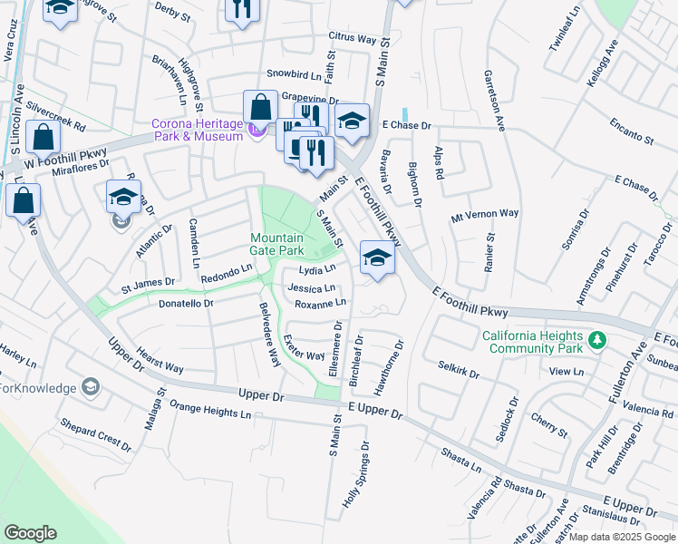 map of restaurants, bars, coffee shops, grocery stores, and more near 155 Lydia Lane in Corona