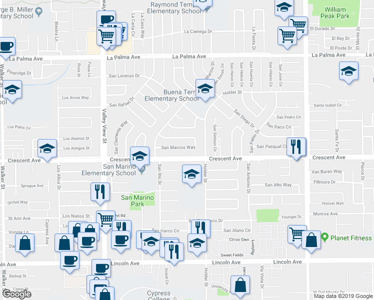 map of restaurants, bars, coffee shops, grocery stores, and more near 6452 San Marcos Way in Buena Park