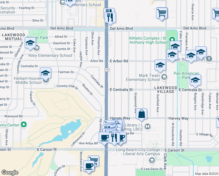 map of restaurants, bars, coffee shops, grocery stores, and more near 4509 Pepperwood Avenue in Long Beach