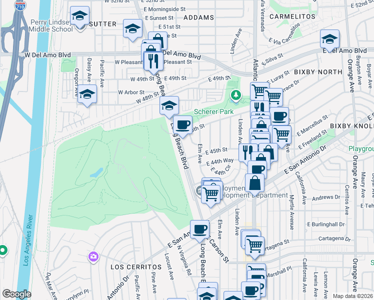 map of restaurants, bars, coffee shops, grocery stores, and more near 4540 Long Beach Boulevard in Long Beach
