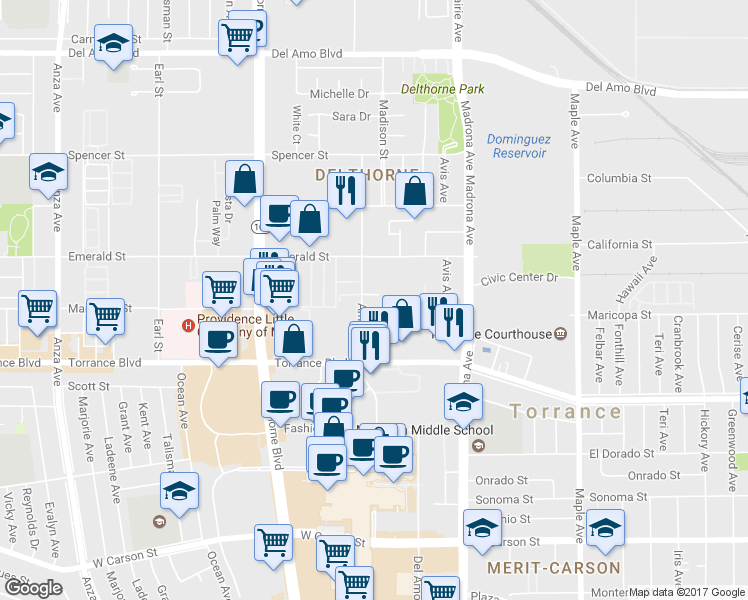 map of restaurants, bars, coffee shops, grocery stores, and more near 20924 Amie Avenue in Torrance