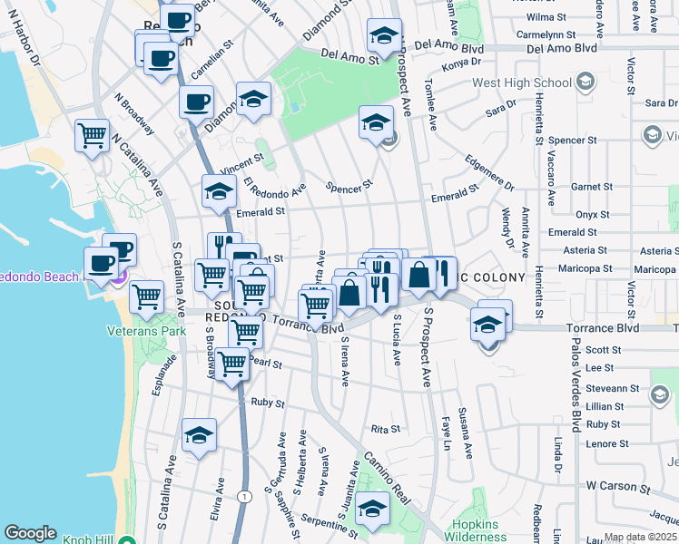 map of restaurants, bars, coffee shops, grocery stores, and more near 208 South Irena Avenue in Redondo Beach