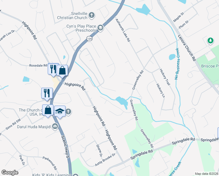 map of restaurants, bars, coffee shops, grocery stores, and more near 3452 Newtons Crest Circle in Snellville