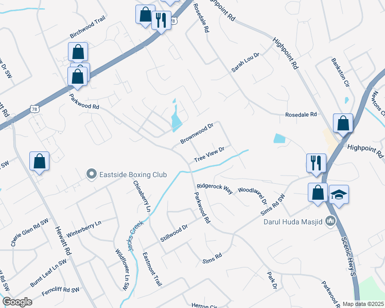 map of restaurants, bars, coffee shops, grocery stores, and more near 2433 Idlewood Way in Snellville
