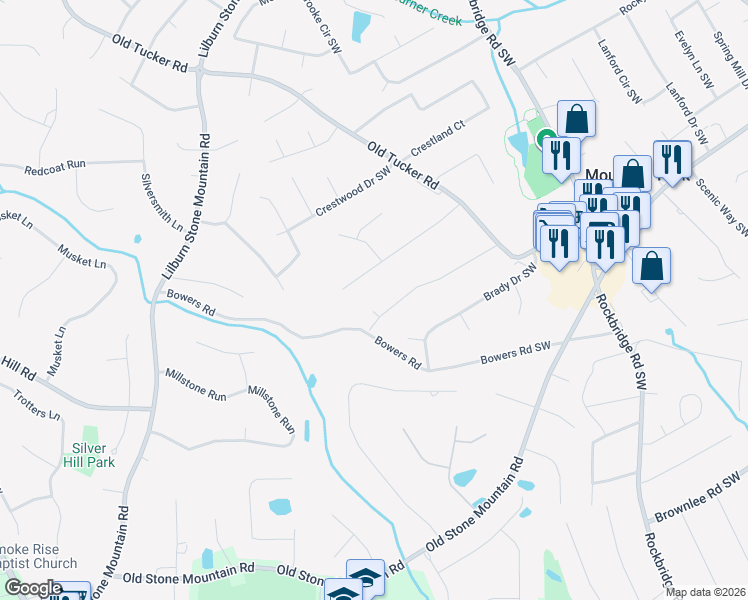 map of restaurants, bars, coffee shops, grocery stores, and more near 1182 Beechwood Court Southwest in Stone Mountain