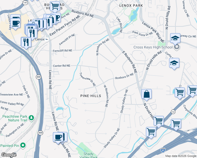 map of restaurants, bars, coffee shops, grocery stores, and more near 3131 Merrick Drive Northeast in Atlanta